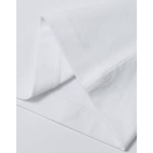 A folded white men's premium cotton t-shirt showcasing neat stitching details and a brand logo.