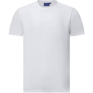A white short-sleeve tee shirt made of premium cotton, featuring a simple design and a logo on the label.