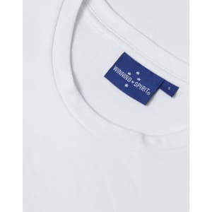 A white men's premium cotton short sleeve T-shirt with a logo tag on the collar.