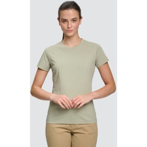 A light green premium cotton short sleeve tee shirt for women, featuring a fitted design and a simple logo.