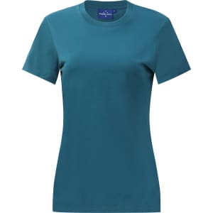 A teal short-sleeved women's premium cotton tee shirt with a round neckline and a logo on the label.