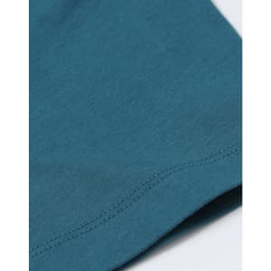 A close-up view of a teal premium cotton T-shirt, showcasing the fabric texture and stitching details.