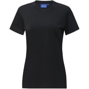 A black ladies' premium cotton short-sleeve tee shirt featuring a fitted design and a logo.