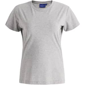 A grey premium cotton short-sleeve tee shirt for women, featuring a round neckline and a simple design.