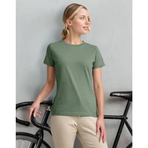 A ladies' premium cotton short-sleeve tee shirt in olive green, paired with a bicycle in the background.