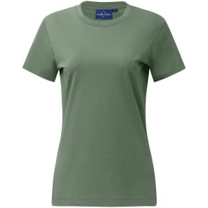 A ladies' premium cotton short sleeve tee shirt in a muted green colour, featuring a logo.