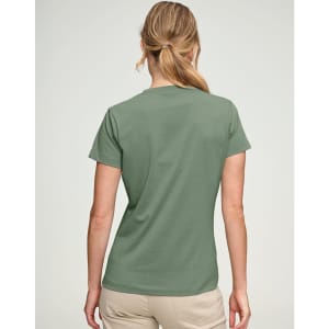 A women's short-sleeve tee shirt in a soft green shade, featuring a plain back and a fitted design.