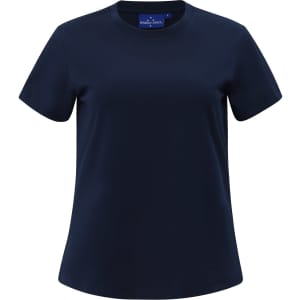 A navy blue short-sleeve tee shirt for women, featuring a simple design and a logo.