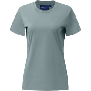 A ladies' premium cotton short sleeve tee shirt in a soft green colour with a simple design and a logo.