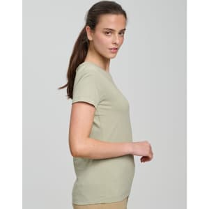 A light green premium cotton t-shirt for women, featuring short sleeves and a fitted design.
