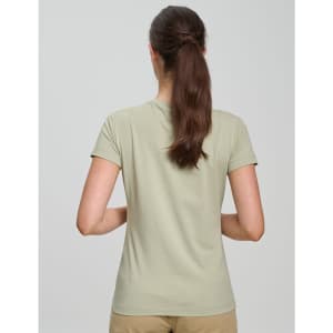 A light green ladies' premium cotton short sleeve tee shirt with a simple design and a logo on the back.