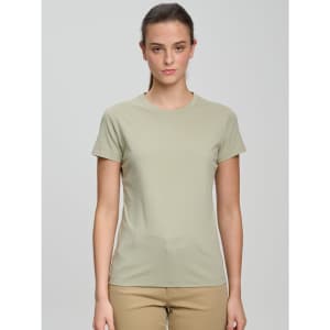A light olive green ladies' premium cotton short sleeve t-shirt with a rounded neckline and fitted design.