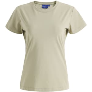 A premium cotton short-sleeve tee shirt in a light beige colour with a crew neckline and a logo.