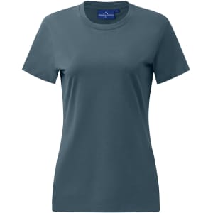 A premium cotton short-sleeve tee shirt in a teal colour, featuring a plain design and a logo on the label.