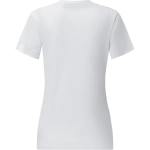 A white ladies' short sleeve tee shirt displayed from the back. It features a fitted design and includes a logo.