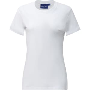 A white ladies' premium cotton short sleeve tee shirt with a tag and a fitted design.