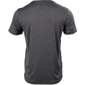A grey short sleeve tee with a casual fit, featuring a plain design and a branding logo on the back.
