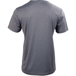 A grey short sleeve t-shirt, featuring a smooth fabric and a logo on the back.