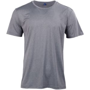 A grey short sleeve tee made from ultra-dry fabric with a logo on the neckline.