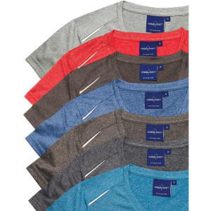 A collection of Men's Ultra Dry Cationic Short Sleeve Tees in various colours including grey, red, and navy, each with a tag.