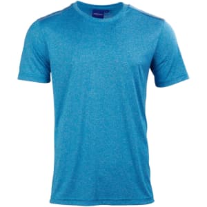 A blue short sleeve tee made from ultra dry cationic fabric, featuring a logo on the chest.