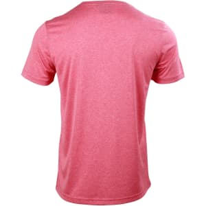 A red short sleeve tee with a simple design and a logo on the back.