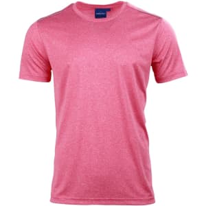 A short sleeve t-shirt in a bright pink hue with a logo on the neckline.