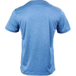 A blue short sleeve tee with a textured pattern, featuring a logo on the back.