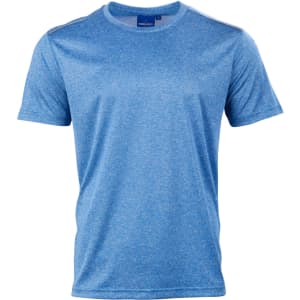 A blue short sleeve tee with a textured design and a logo on the label.