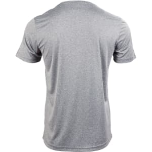 A grey men's short sleeve tee with a smooth texture and a logo on the back.