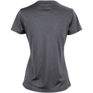 A grey short sleeve tee with a fitted design and a logo on the back.