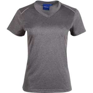 A grey short sleeve women's t-shirt with a V-neck design and decorative stitching, featuring a logo on the label.