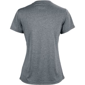 A grey short sleeve tee with a smooth finish and a subtle texture. Features a logo on the back.