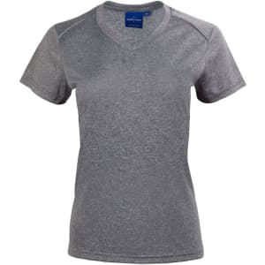 A grey women's short sleeve tee featuring a v-neck design, with a logo on the label.
