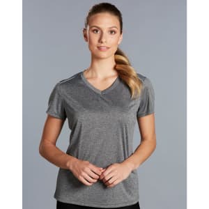 A grey short sleeve tee with a V-neck design, featuring a logo and a fitted silhouette for women.