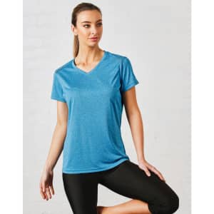 A blue short sleeve tee with a v-neck design, featuring a logo on the front, paired with black athletic pants.