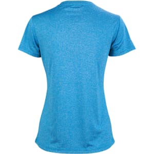 A blue short sleeve tee with a textured pattern, featuring a logo on the back.