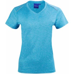 A blue ladies' short sleeve tee with a V-neck design, featuring a subtle textured pattern and a branding logo.