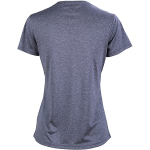 A grey short sleeve tee with a smooth fabric texture and a logo on the back.