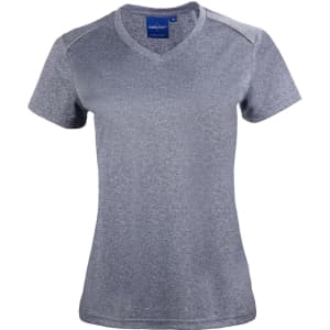 A grey short sleeve tee with a V-neck design, featuring a branding logo on the neckline.