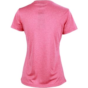 A short sleeve tee in a vibrant pink hue, featuring a smooth texture and a fitted silhouette. It has a logo on the back.