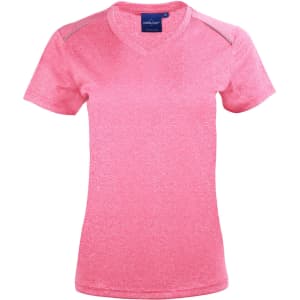 A pink short sleeve tee with a v-neck design and shoulder detailing, featuring a logo on the label.
