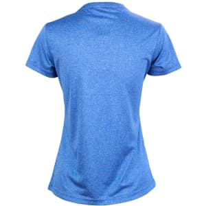 A blue short sleeve tee with a textured finish, featuring a logo on the back.