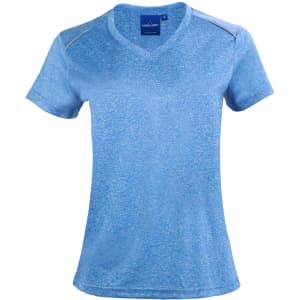 A blue short sleeve tee with a v-neck and shoulder detailing. It has a logo on the tag.