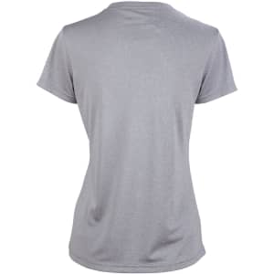 A grey ladies' short sleeve tee with a fitted style and a simple design, featuring a logo on the back.