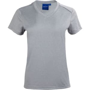 A grey short sleeve tee with a v-neck design, featuring a logo on the neckline.
