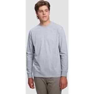 A grey long-sleeve cotton T-shirt for men, featuring a simple design and classic fit. It has a logo on it.