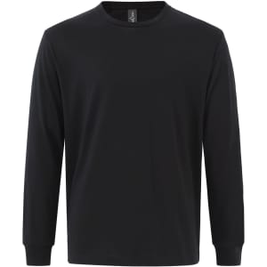 A black long-sleeve t-shirt made of premium cotton with a round neckline and a logo on the tag.