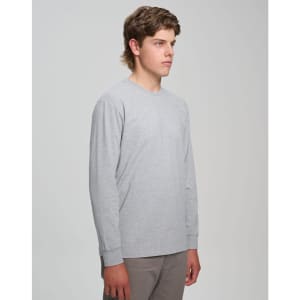 A grey long-sleeve cotton t-shirt for men, featuring a simple design and a logo on the chest area.
