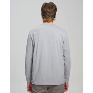 A grey long-sleeve tee shirt, featuring a simple design and a logo on the back.